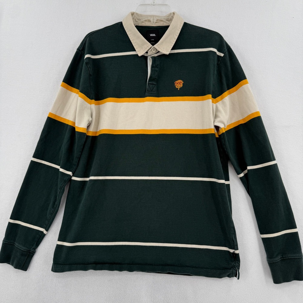Vans Rugby Polo Shirt Men Large Green White Striped Long Sleeve Rose Flower